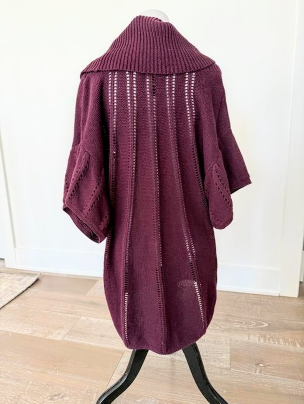 BCBGMAXAZRIA Pointelle Cowl Neck Merino Wool Blend Sweater Burgundy Size Large - Picture 2 of 6